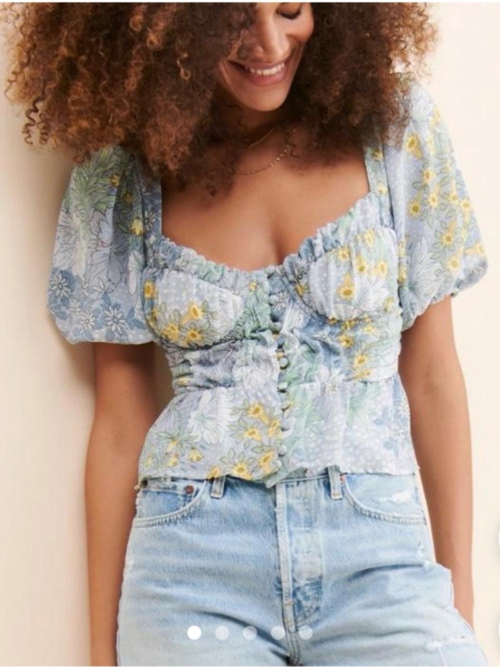 Astr Blue Floral Puff-Sleeve Tie-Front Peplum Top
